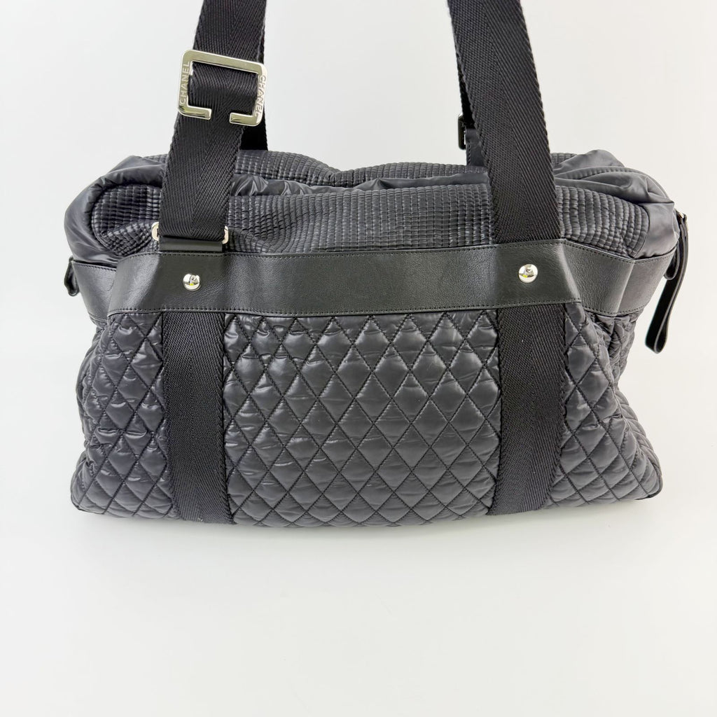 Chanel CC Logo Quilted Belt Handle Tote Shoulder Bag Black Silver Seal Vintage — view 2