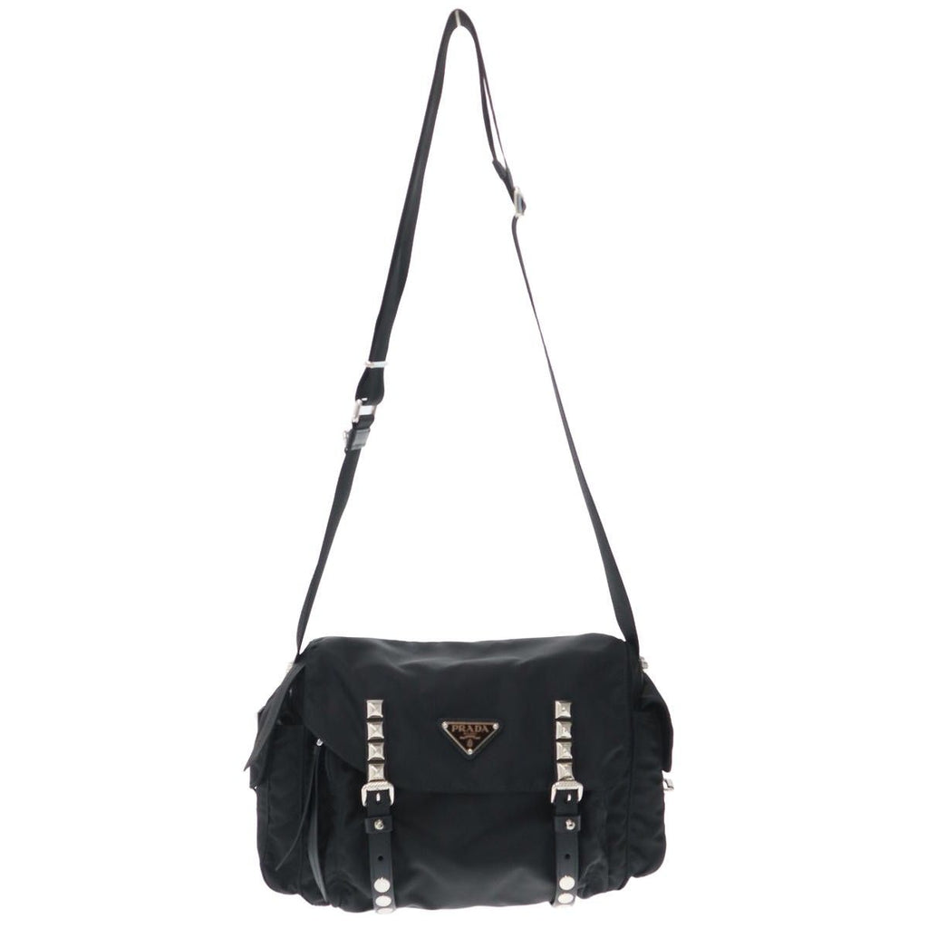 Prada Studded Nylon Shoulder Bag Black
