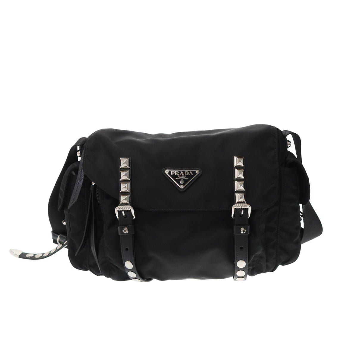 Prada Studded Nylon Shoulder Bag Black — view 5