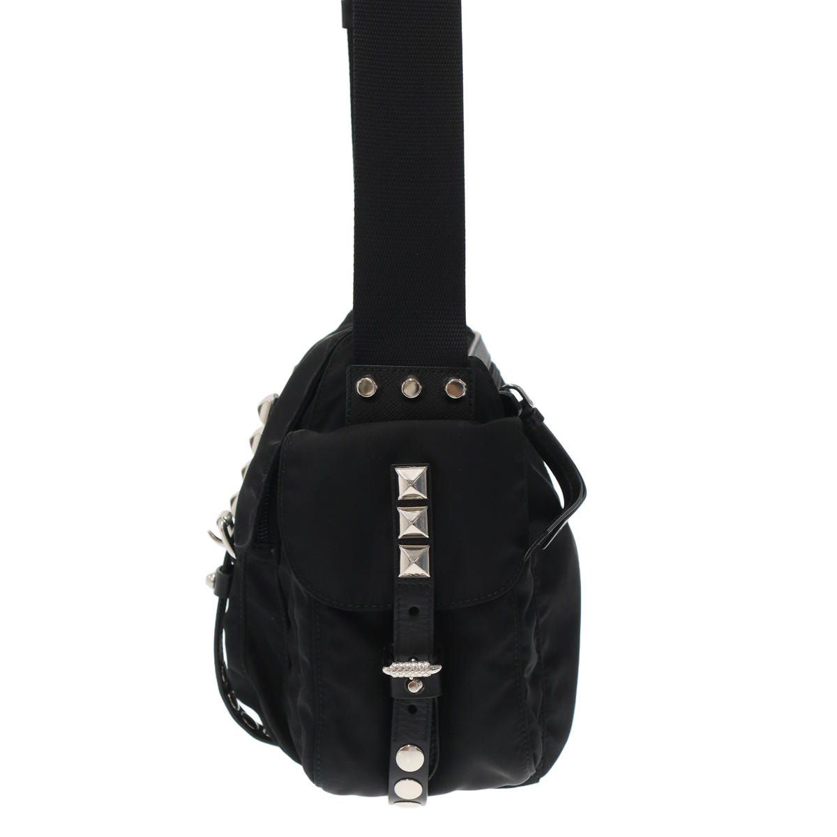 Prada Studded Nylon Shoulder Bag Black — view 3