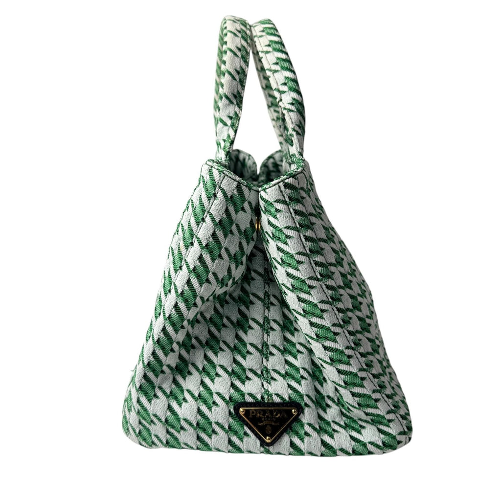 Prada Canapa Tote Houndstooth 2-Way Shoulder Bag Green Canvas — view 6