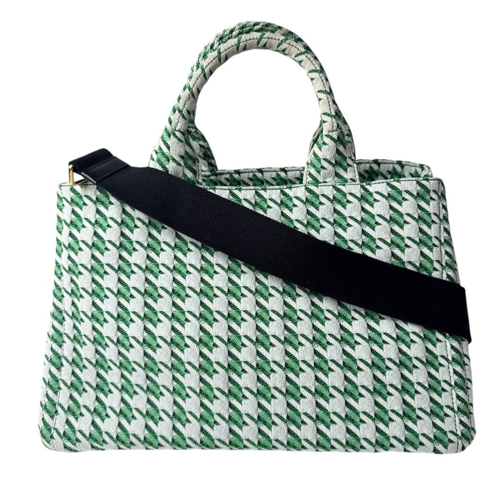 Prada Canapa Tote Houndstooth 2-Way Shoulder Bag Green Canvas