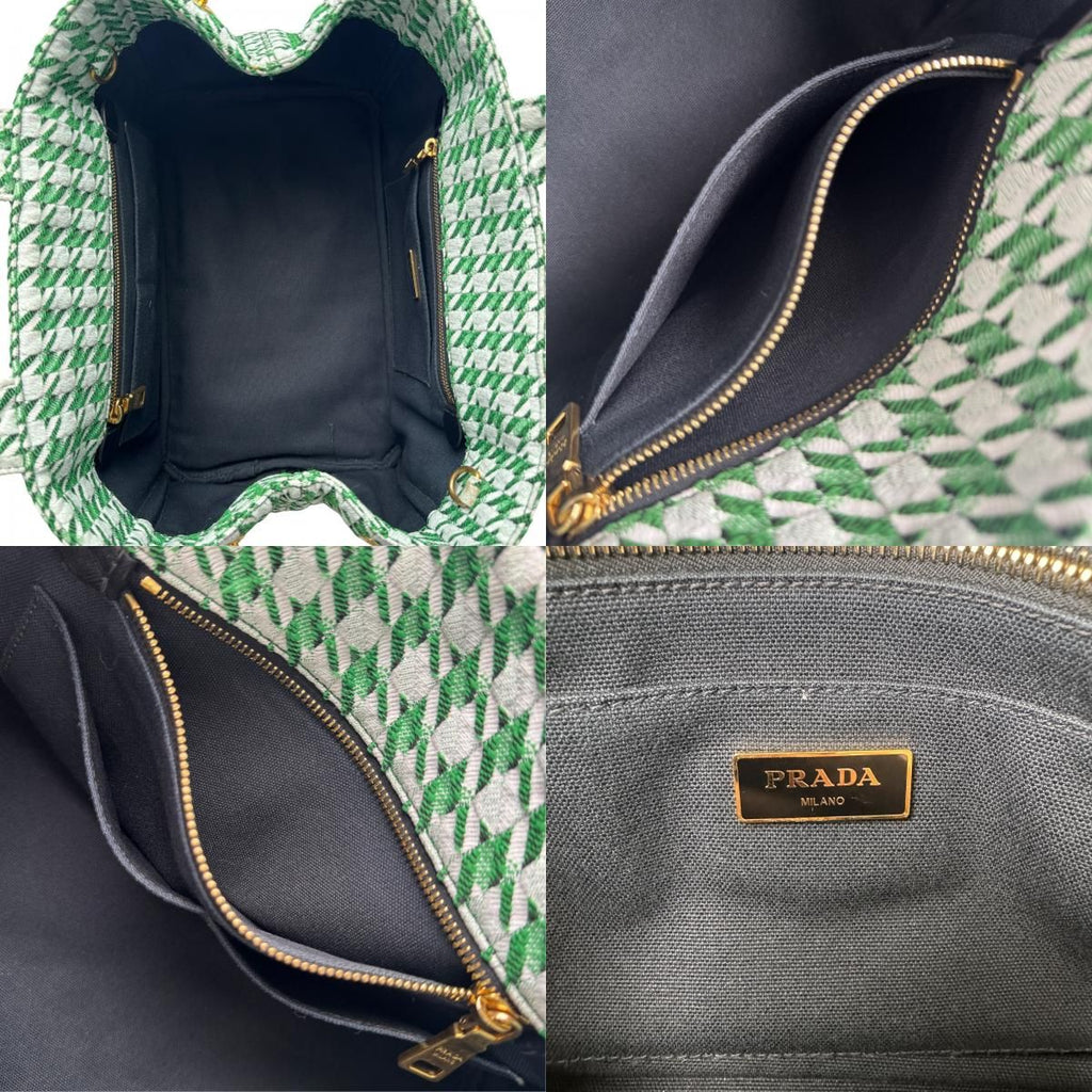 Prada Canapa Tote Houndstooth 2-Way Shoulder Bag Green Canvas — view 8