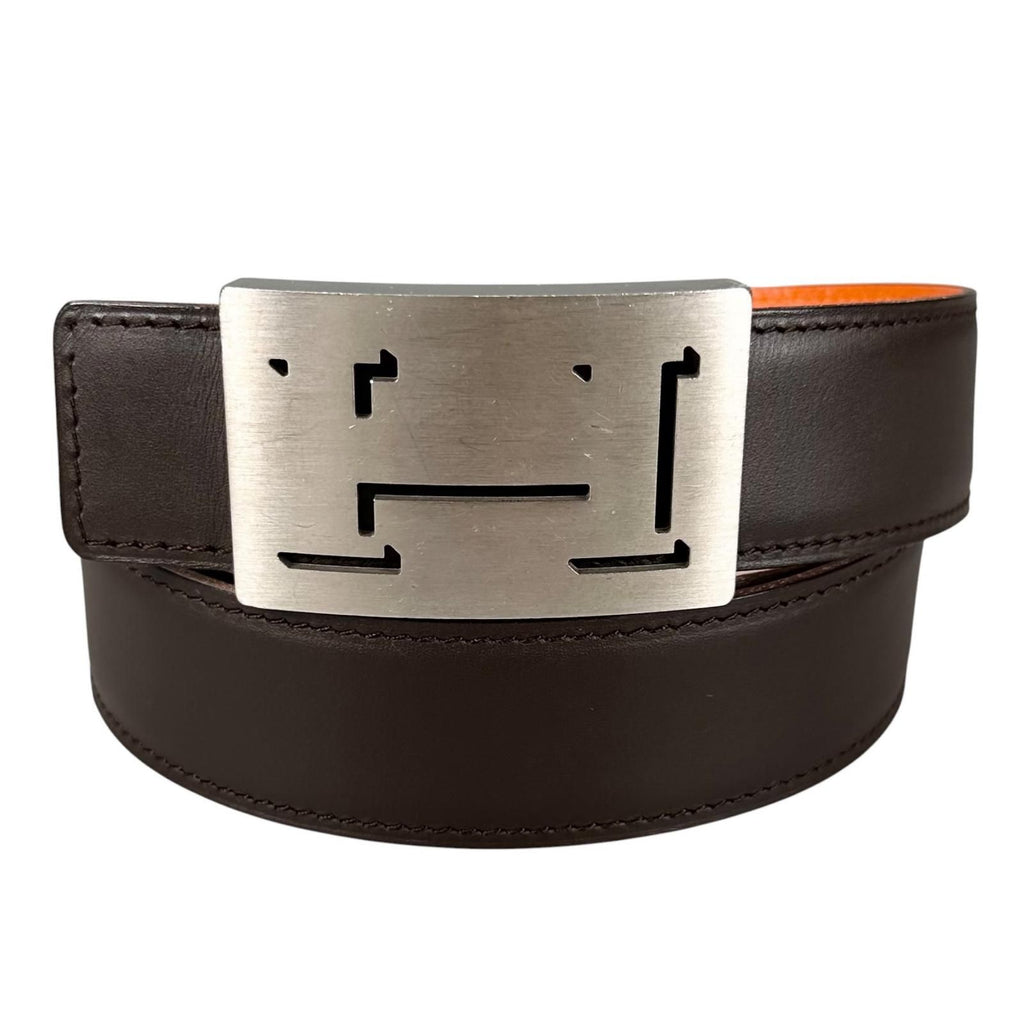 Hermes H Belt Lucky Metal Leather Orange Dark Brown Silver