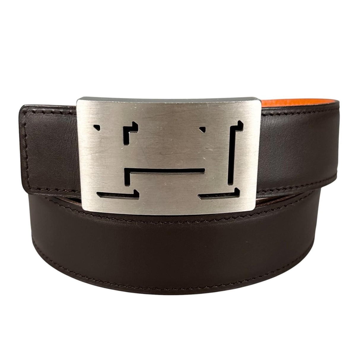 Hermes H Belt Lucky Metal Leather Orange Dark Brown Silver