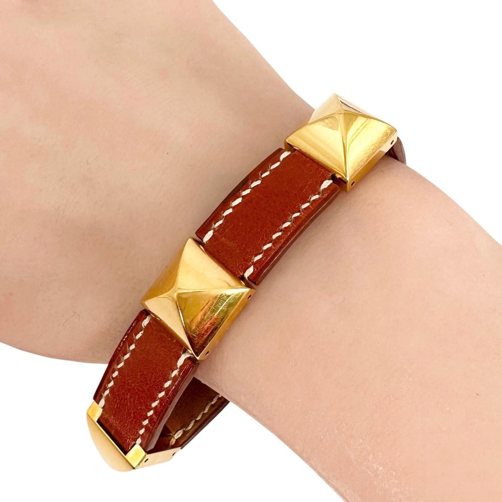 Hermes Medor Leather Metal Brown Bracelet Gold — view 3