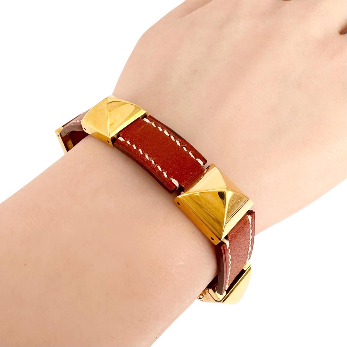 Hermes Medor Leather Metal Brown Bracelet Gold — view 4