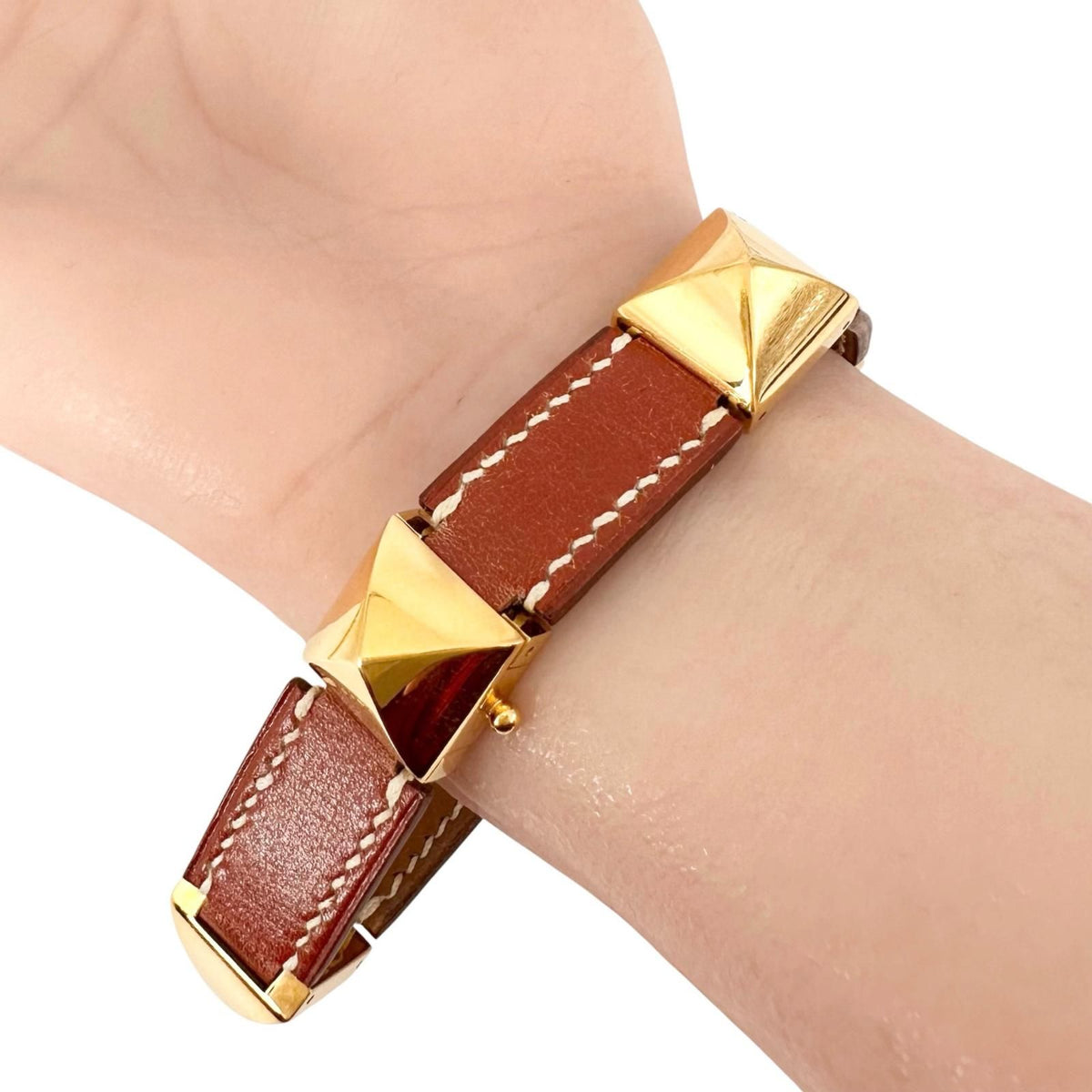 Hermes Medor Leather Metal Brown Bracelet Gold — view 5