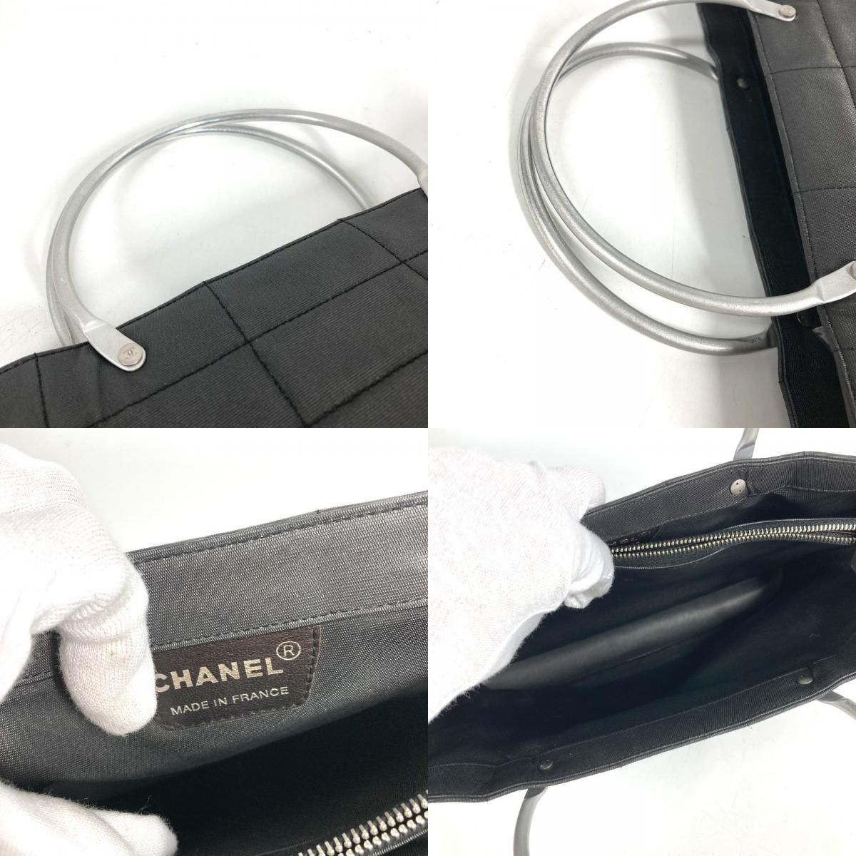 Chanel Handbag Metal Handle CC Logo Russian Choco Bar Nylon Canvas Black — view 8