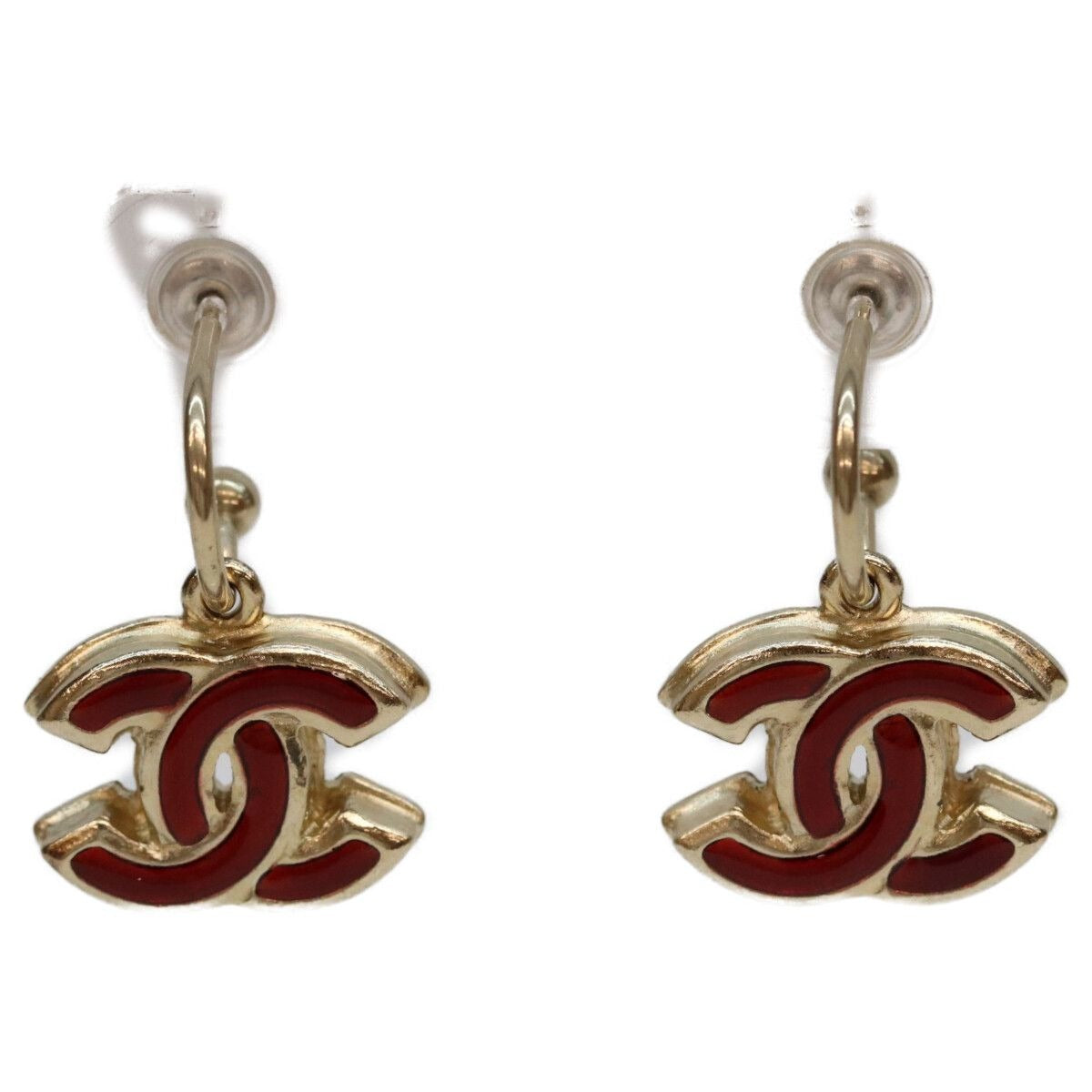 Chanel Gold Red Comic Mark Hoop Earrings
