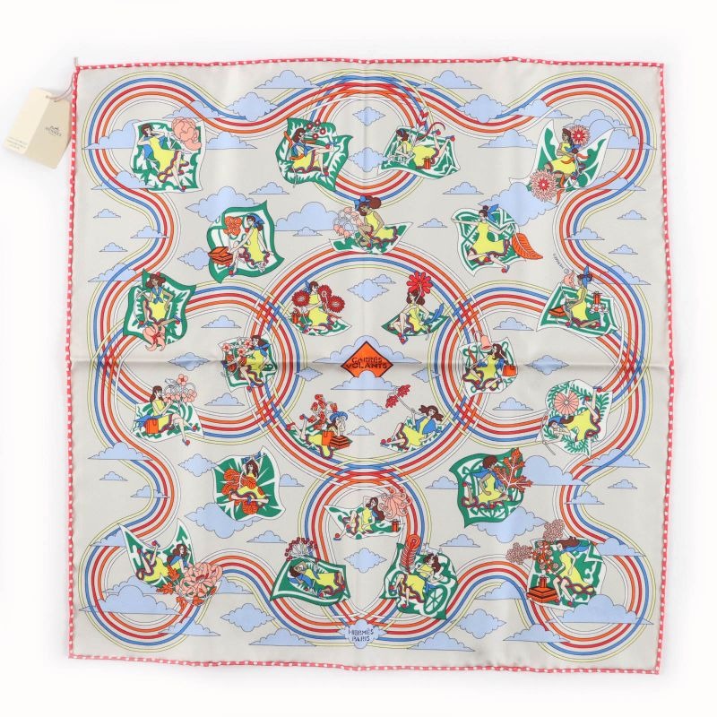 Hermes Carre 45 Volants Flying 100% Silk GRIS Per-e VERT JA Scarf