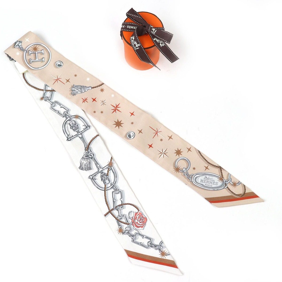 Hermes Twilly Sera Fete Silk Beige Rose Caramel White Scarf Recommended — view 2