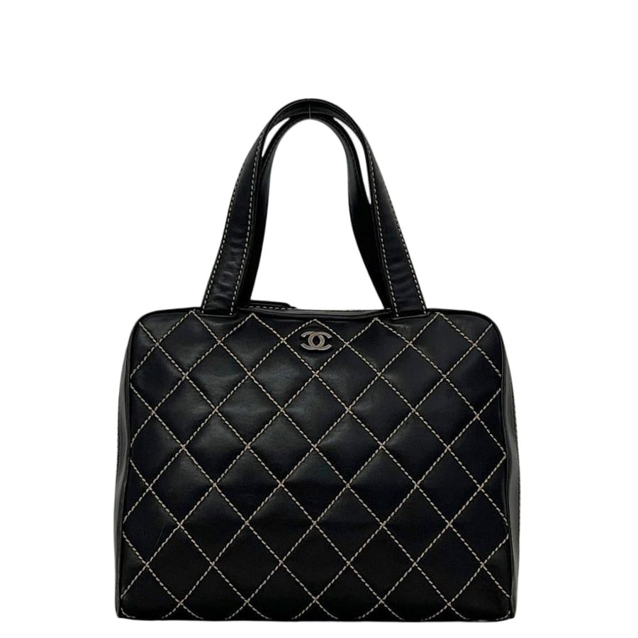 Chanel Handbag Black Wild Stitch Tote Lambskin CC Logo Fastener