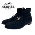 Hermes Saint Honore Boots Short Shoes Suede Black Silver Constance