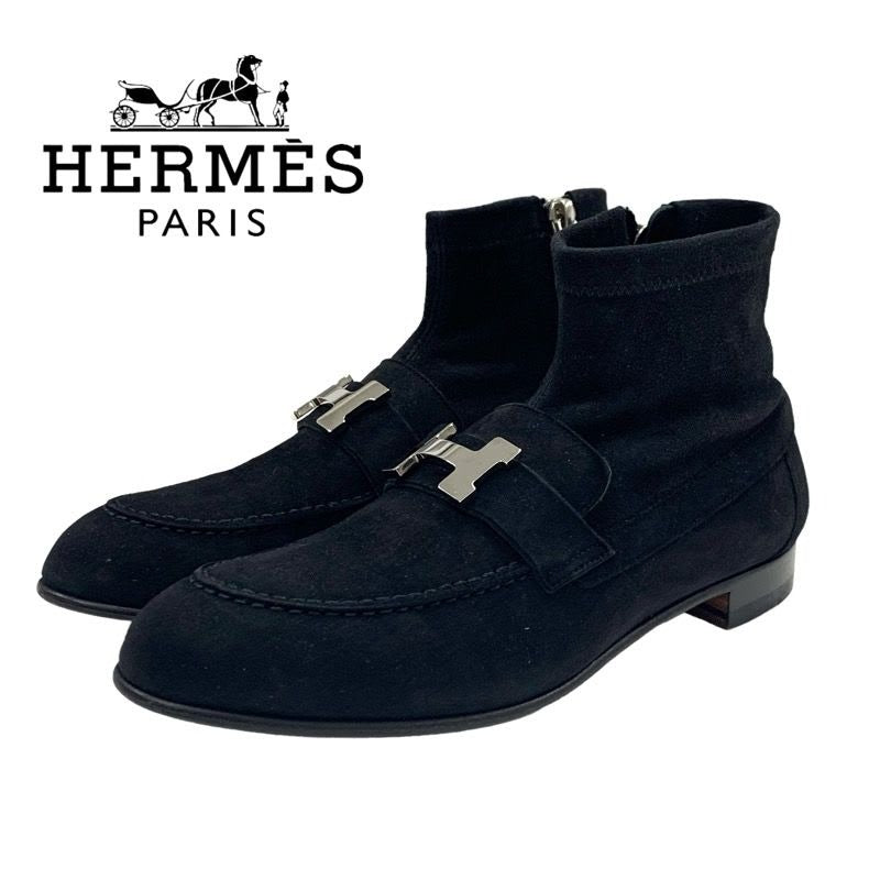 Hermes Saint Honore Boots Short Shoes Suede Black Silver Constance