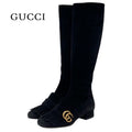 Gucci Double G Boots Long Shoes GG Marmont Fringe Suede Black