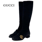 Gucci Double G Boots Long Shoes GG Marmont Fringe Suede Black