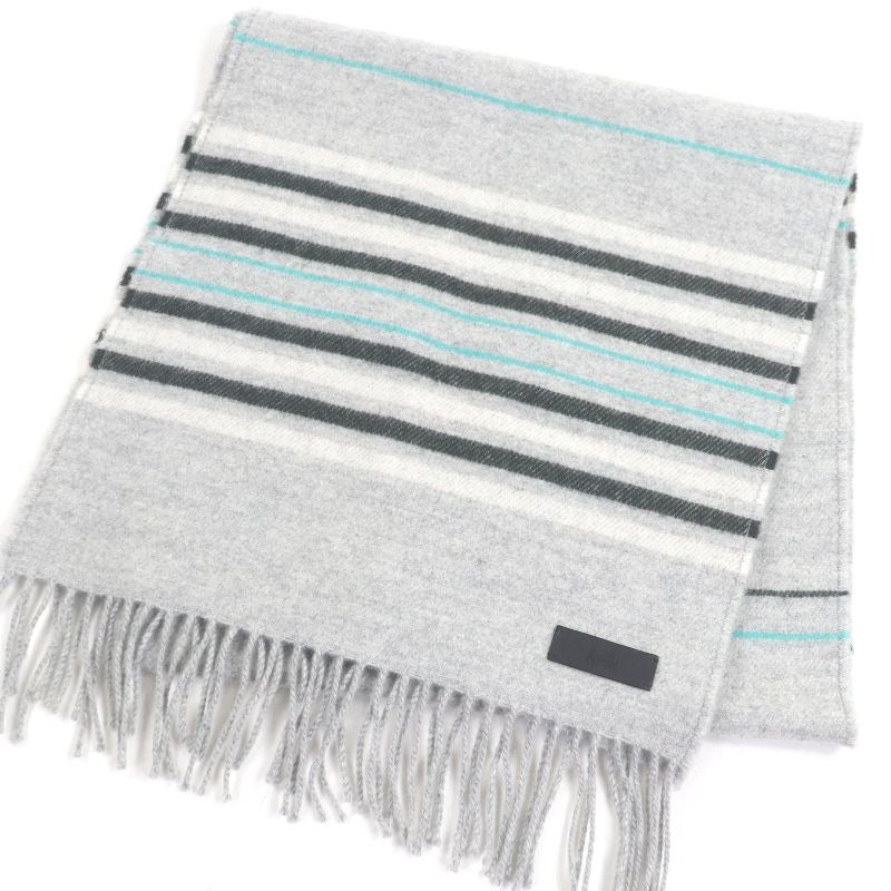 Hermes 100% Cashmere Logo Leather Patch Neolo Cabasol Striped Fringe Scarf