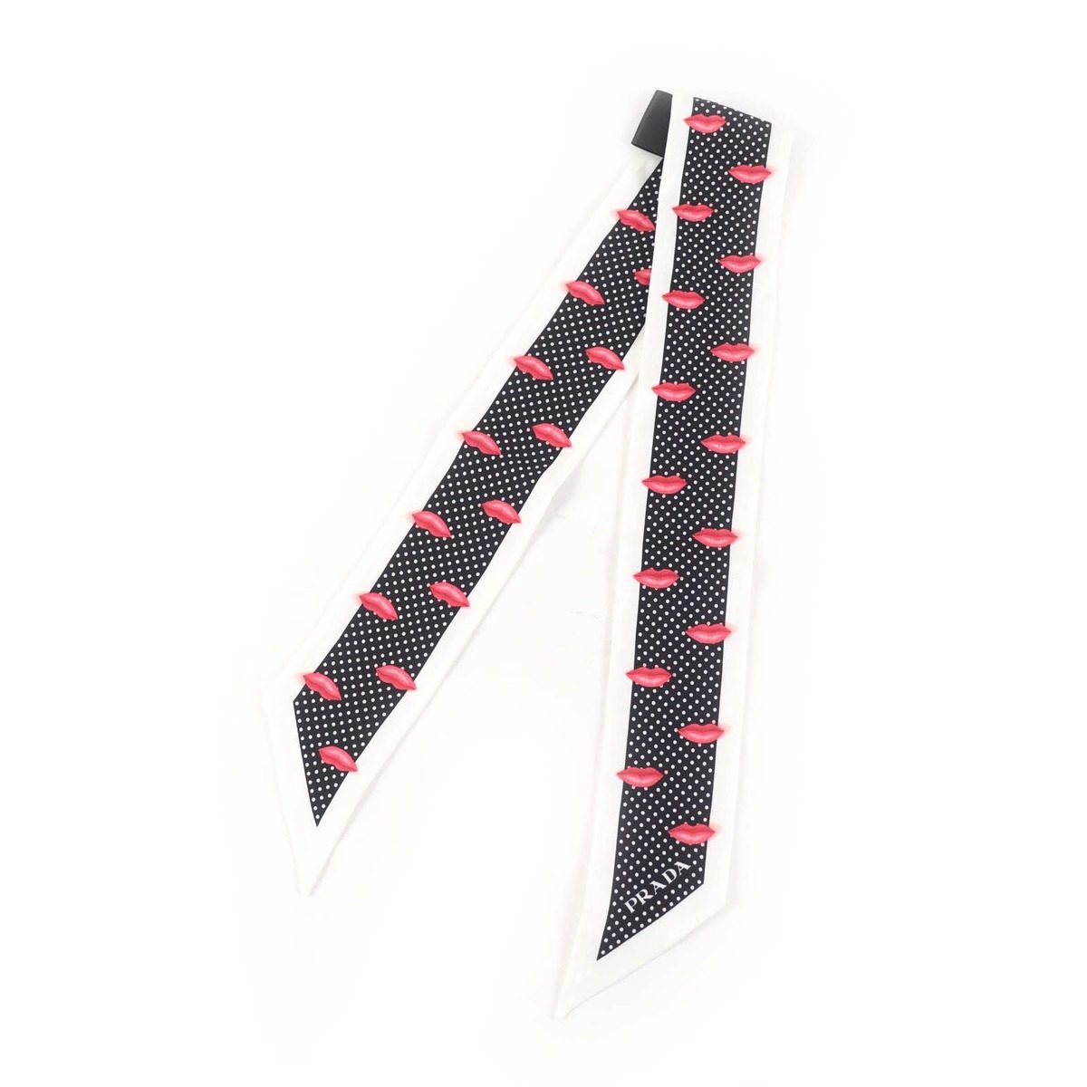 Prada Printed Silk Twill Nice Calf Lip Dot Pattern White Black 850 60 mm Scarf