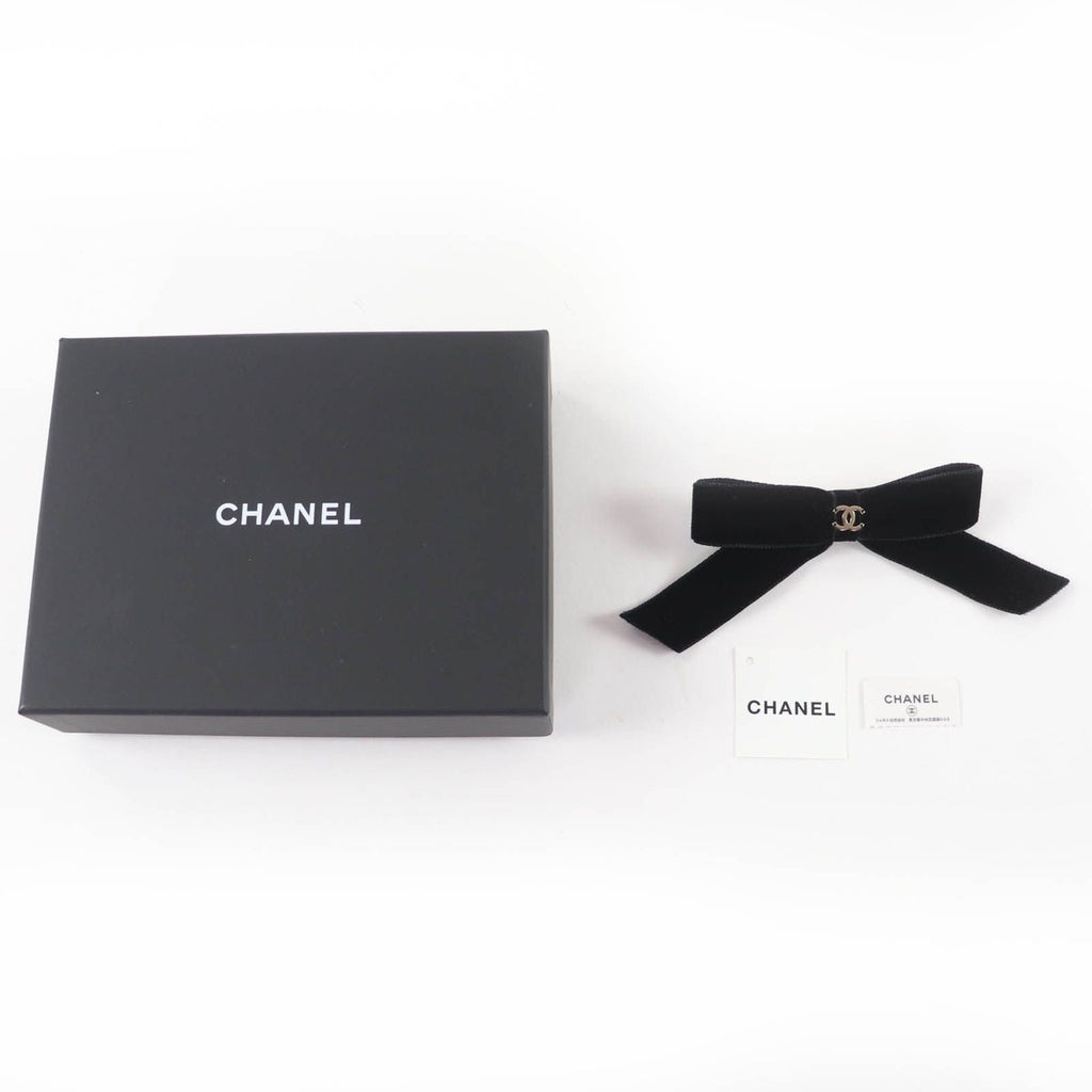 Chanel CC Logo Ribbon Velour Barrette Hair Black Silver — view 2