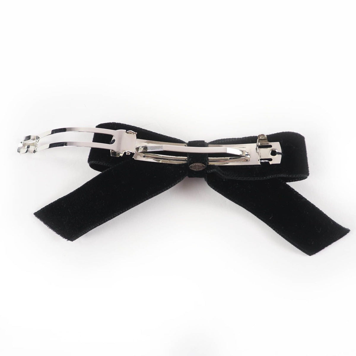 Chanel CC Logo Ribbon Velour Barrette Hair Black Silver — view 4