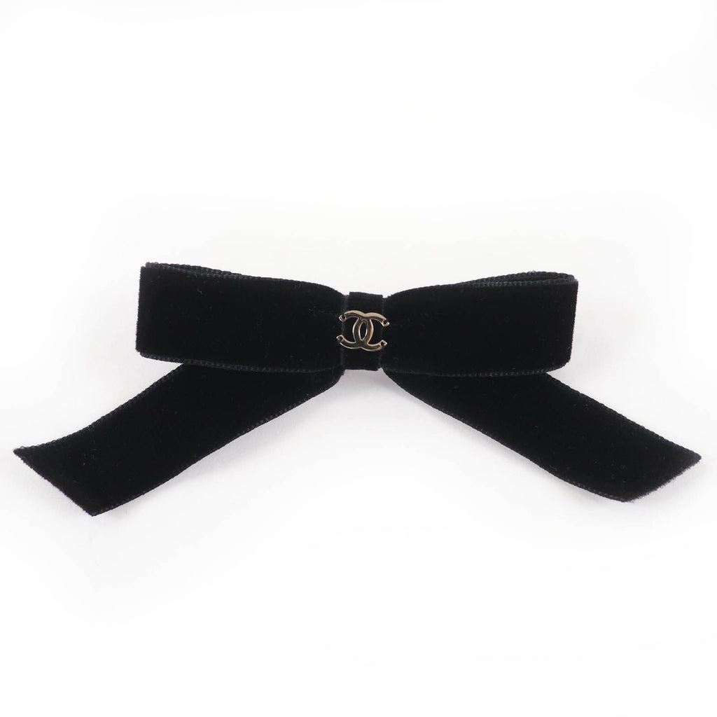 Chanel CC Logo Ribbon Velour Barrette Hair Black Silver