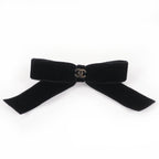 Chanel CC Logo Ribbon Velour Barrette Hair Black Silver