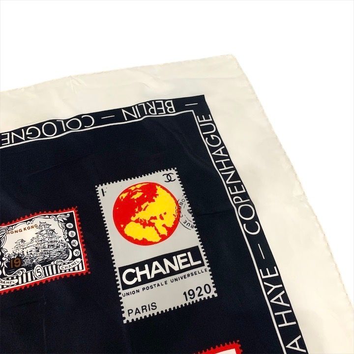 Chanel CC Logo Large Scarf Silk Worl Pattern Black Red White — view 5