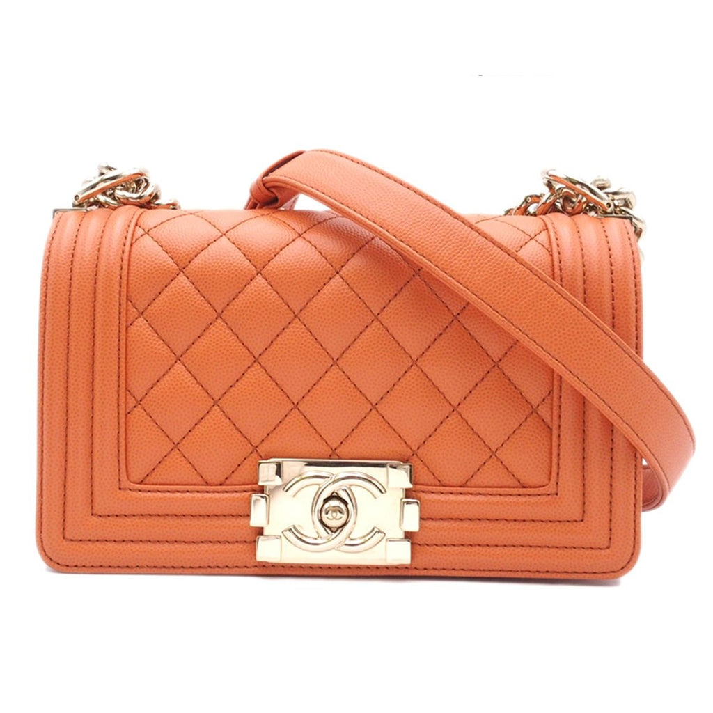 Chanel Chain Shoulder Bag Boy 20 Orange Gold Caviar Leather