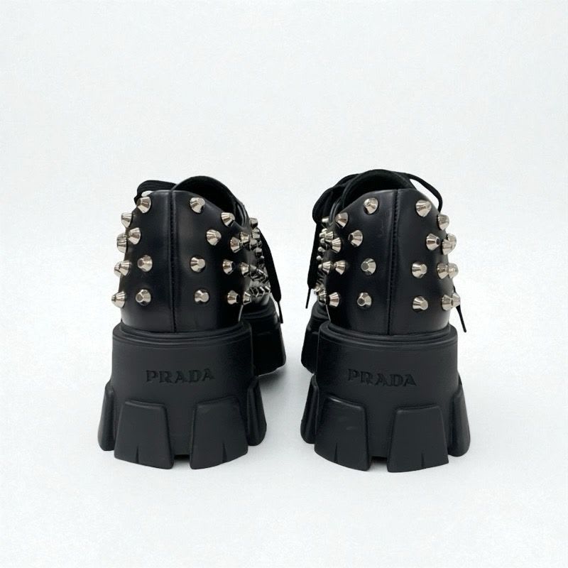 Prada Monolith Loafers Leather Shoes Black Silver Studded Lace Up — view 5
