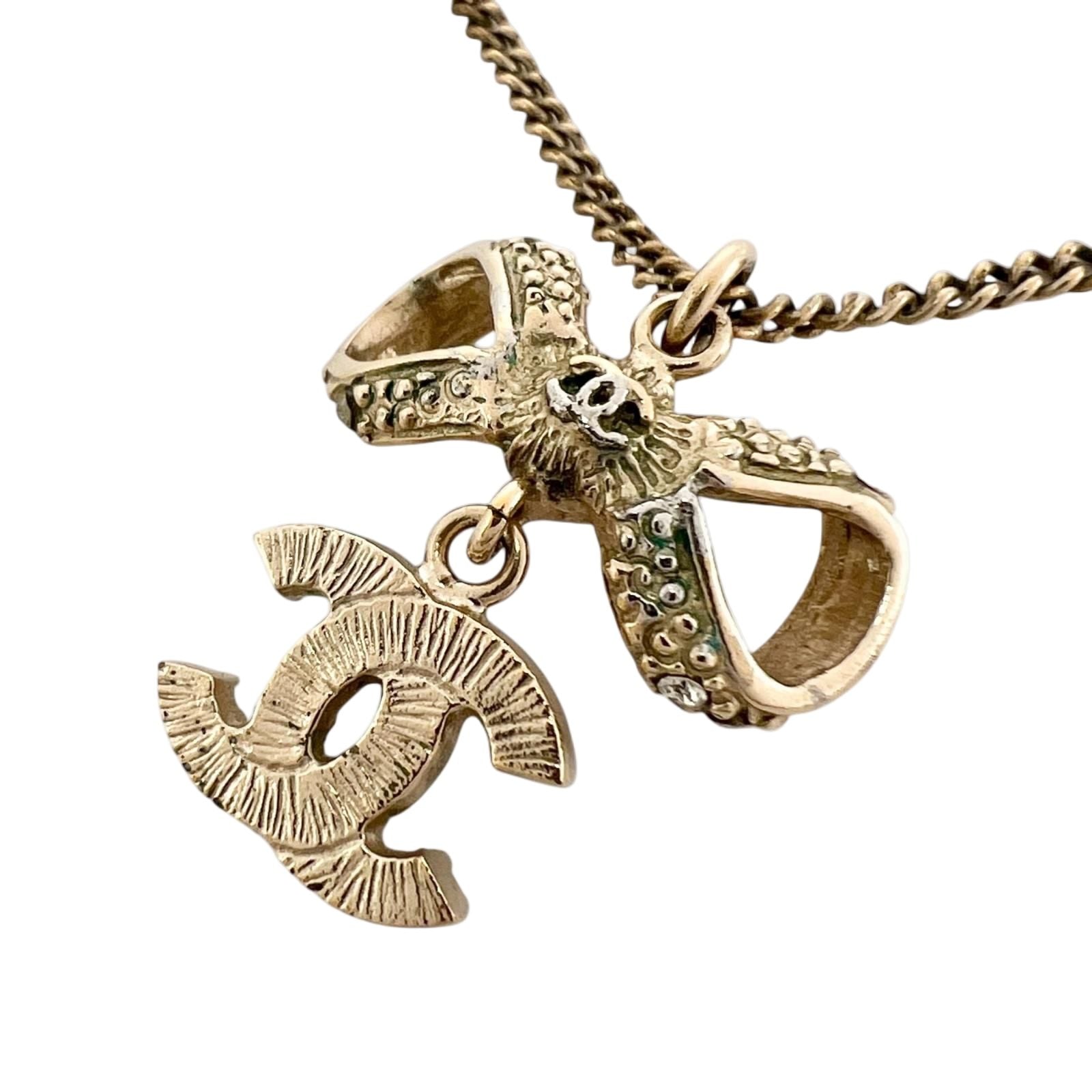 Chanel CC Logo Ribbon Motif Metal Gold Necklace — view 2