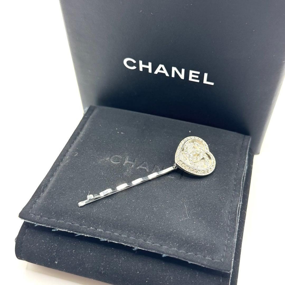 Chanel Hairpin CC Logo Heart Rhinestone Silver