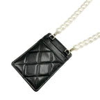 Chanel Card Case Holder Pass Black Gold Coco Mark Quilted Pearl — view 5