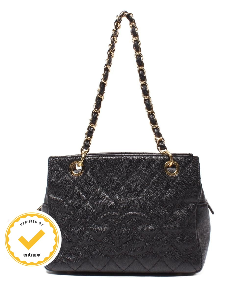 Chanel Chain Shoulder Bag Gold Quilted Caviar Leather Petit Timeless