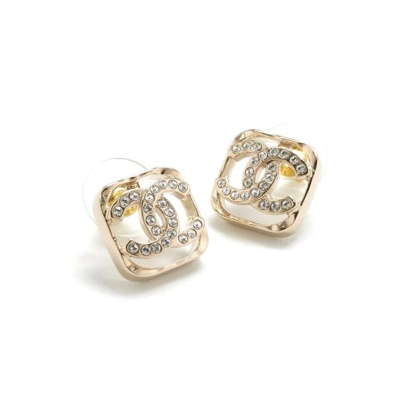 Chanel Earrings Gold Coco Mark Rhinestone Square — view 2