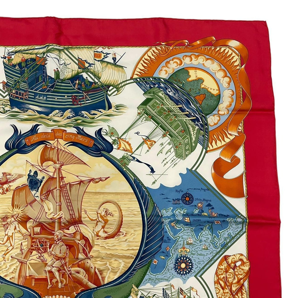 Hermes Scarf Carre 90 Pau Dela Des Cinq Mers Beyond the Five Seas Silk Red — view 4