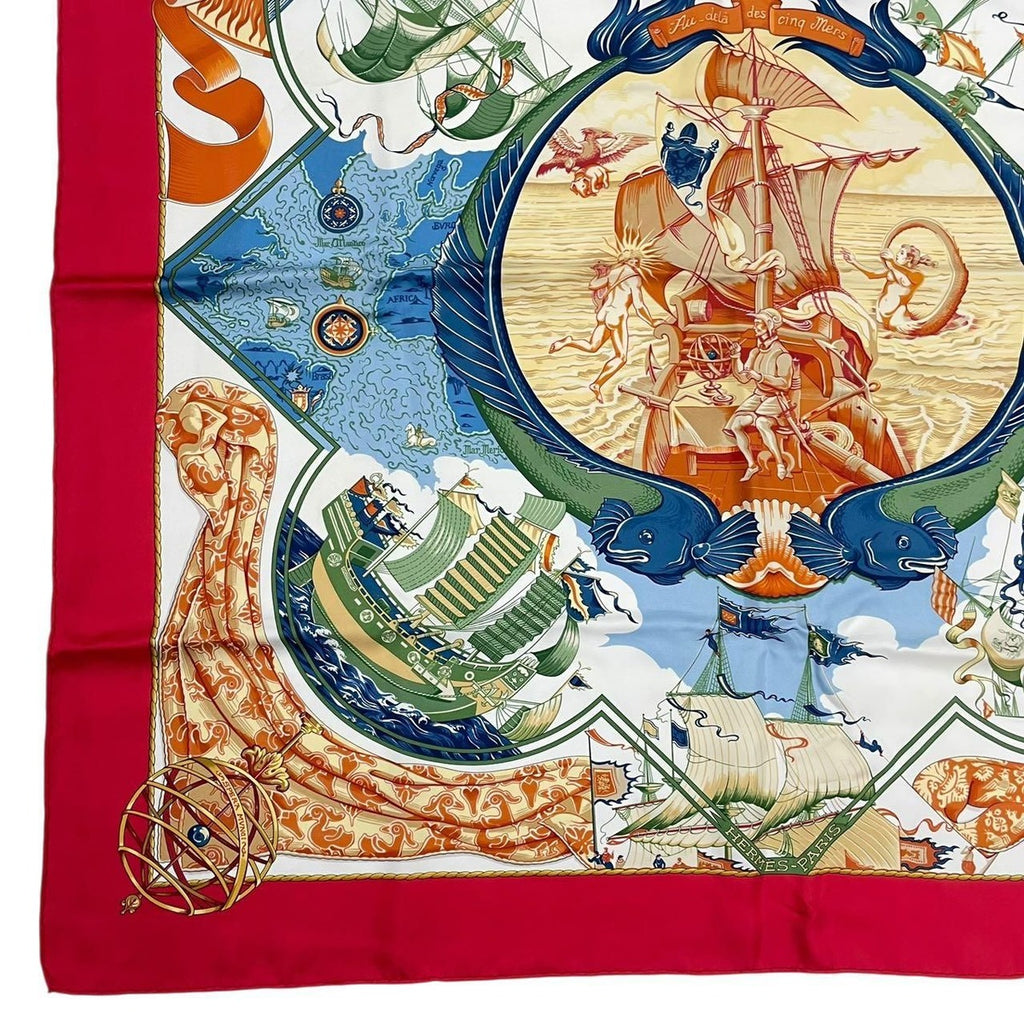 Hermes Scarf Carre 90 Pau Dela Des Cinq Mers Beyond the Five Seas Silk Red — view 6