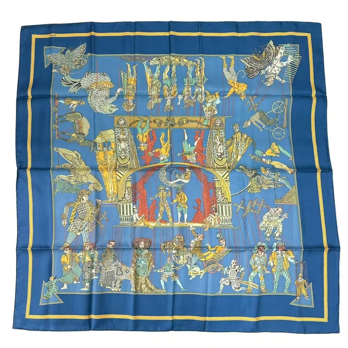 Hermes Carre 90 le Temps Des Marionnettes Marionette Time Silk Scarf Blue — view 2