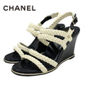 Chanel Sandals Shoes Lambskin White Black Coco Mark Braided Wedge Sole