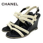 Chanel Sandals Shoes Lambskin White Black Coco Mark Braided Wedge Sole