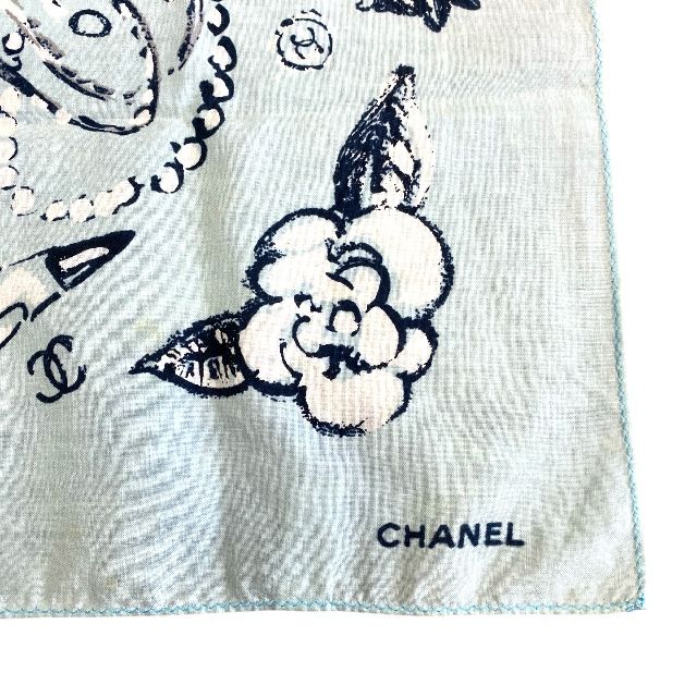 Chanel Scarf Handkerchief Bandana Camellia Logo Coco Mark Light Blue Black — view 4