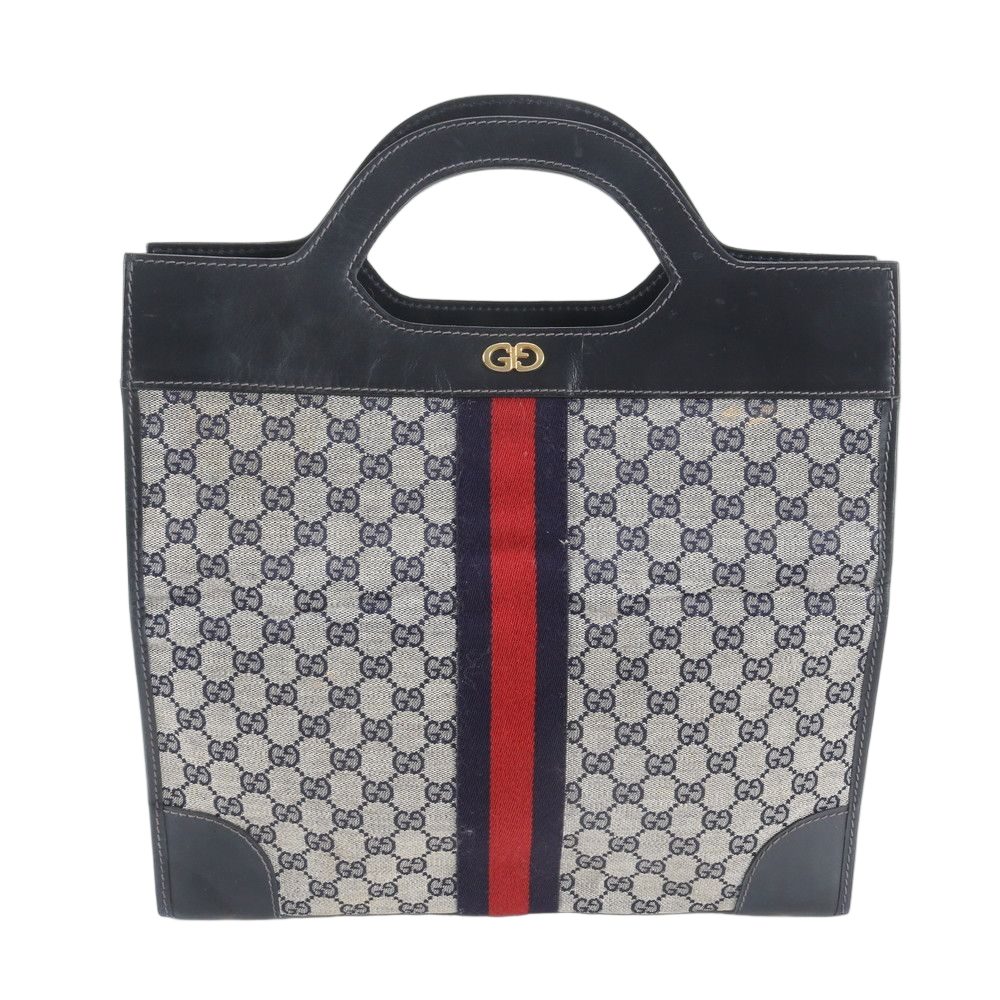 Gucci GG Canvas Leather Handbag Tote Navy