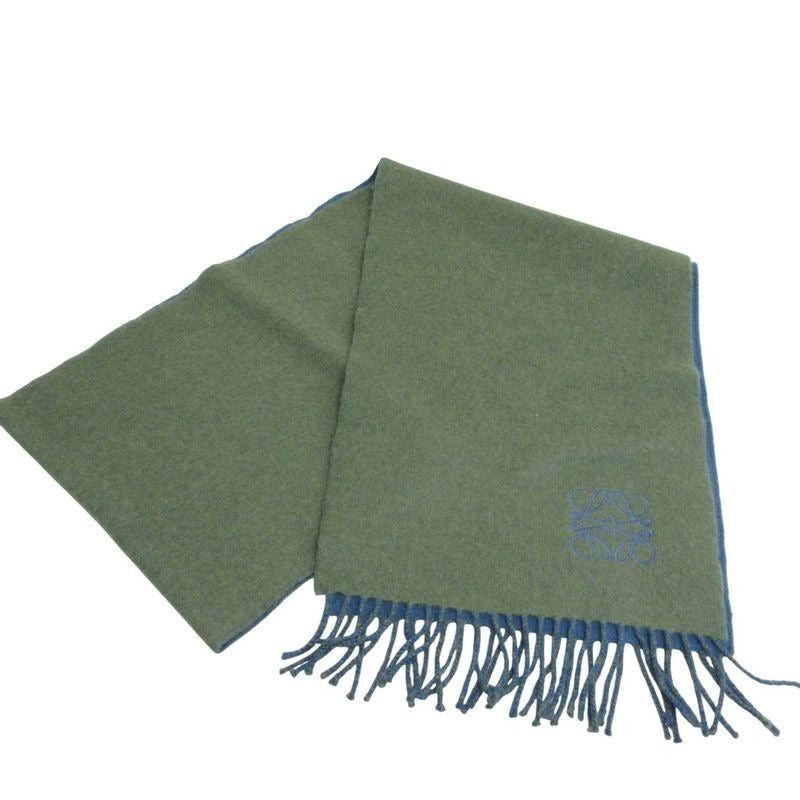 Loewe Anagram Embroidery Cashmere Blend Fringe Bicolor Muffler Khaki Blue Scarf