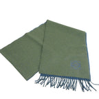 Loewe Anagram Embroidery Cashmere Blend Fringe Bicolor Muffler Khaki Blue Scarf