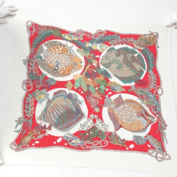 Hermes Pleated Carre Scarf Grands Fonds Deep Sea Fish Red — view 3