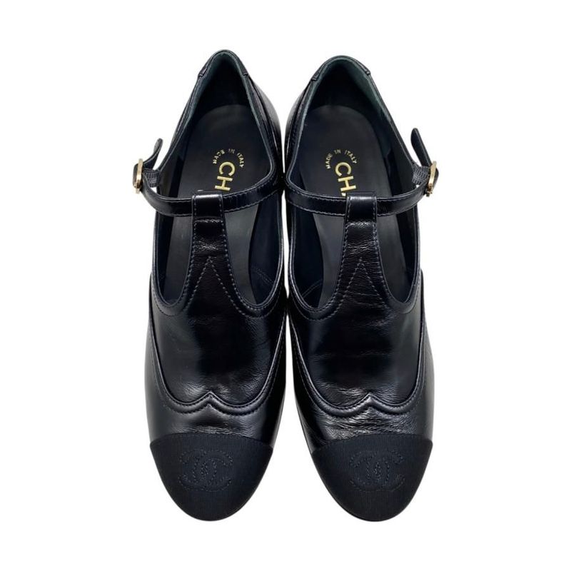 Chanel Heel Pumps Mary Jane 37 1 2 Size Leather Coco Mark Black — view 5