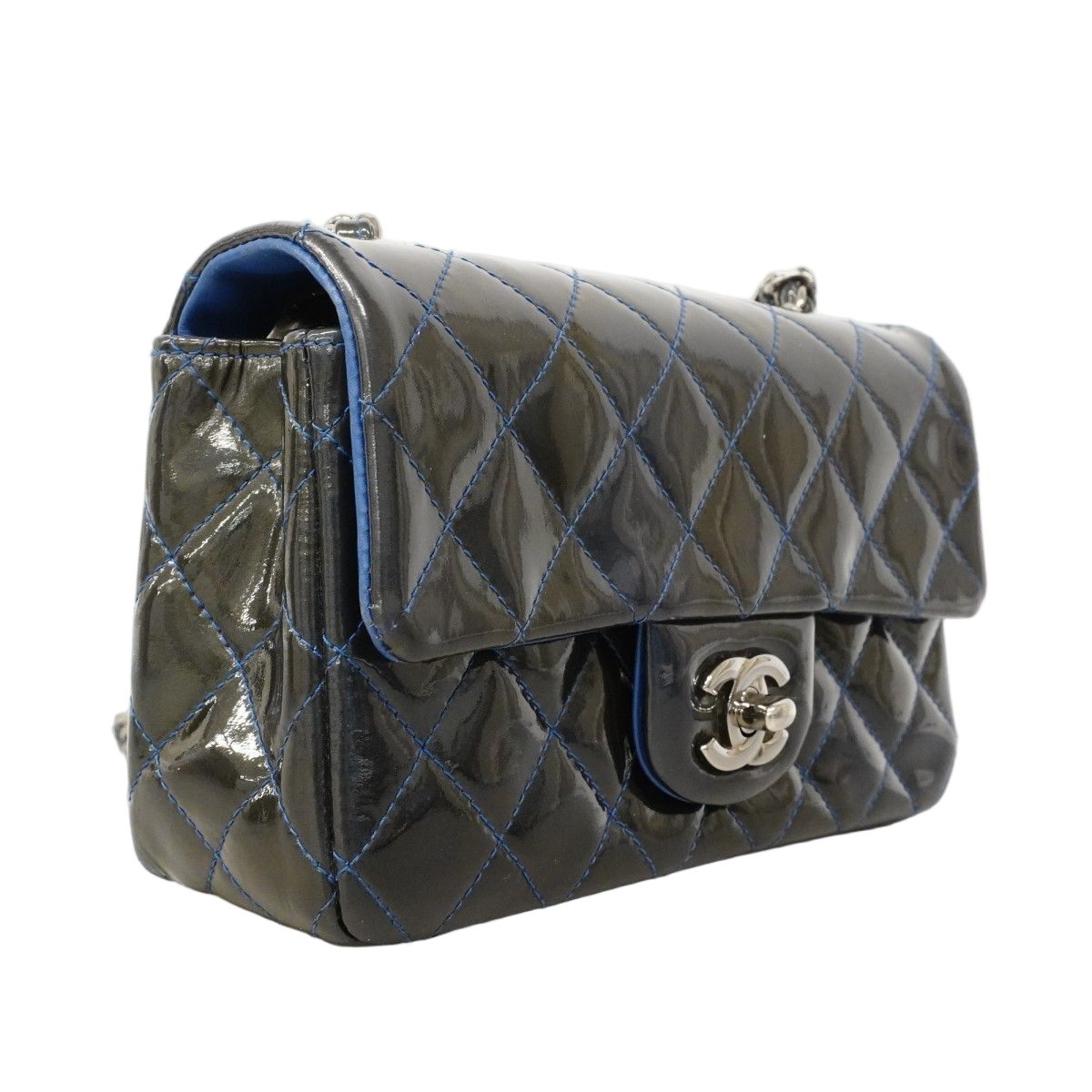 Chanel Shoulder Bag Mini Quilted Patent Leather Gray Blue Silver — view 2