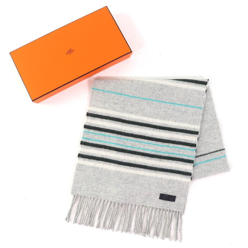 Hermes Neo Lo Cabasol 100% Cashmere Gris Chine Logo Leather Patch Fringe Scarf — view 2