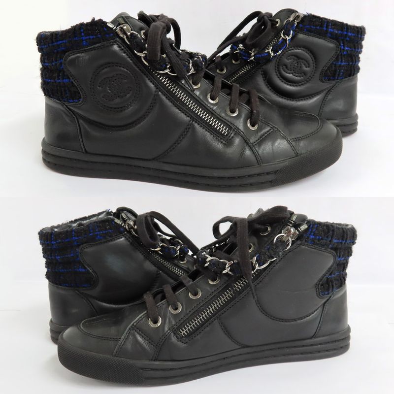 Chanel High Cut Sneakers Chain Double Zip 37 Coco Mark Black Leather — view 4