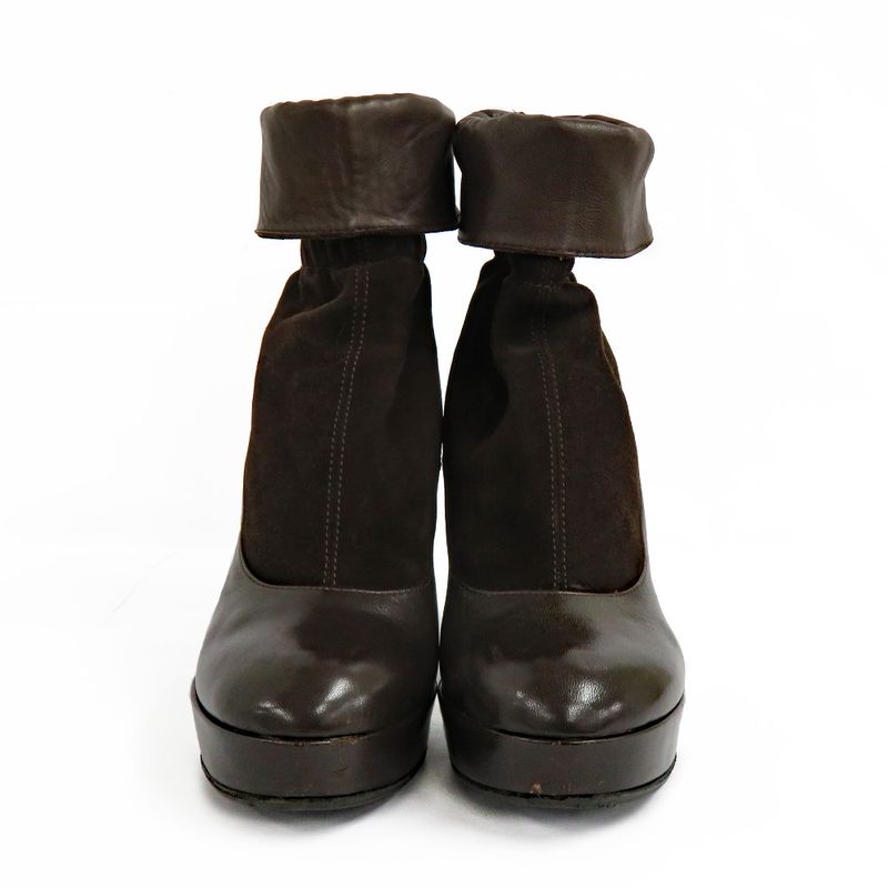 Fendi Thick Heel Platform Boots 36.5 Brown Leather Suede Short Back — view 2